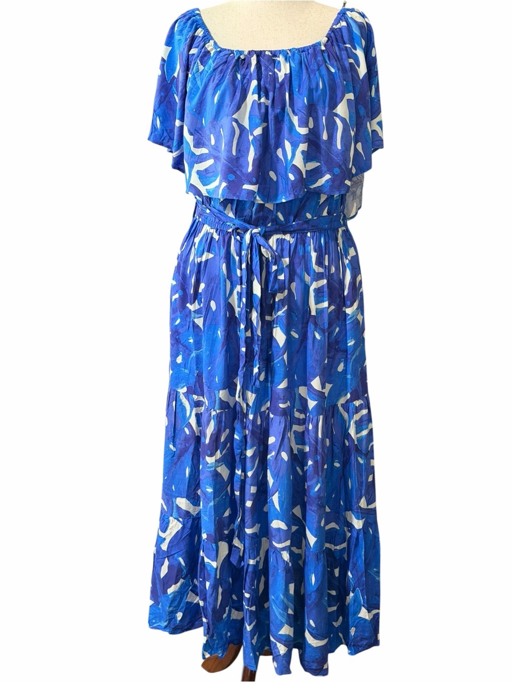 City Chic Blue & White Off-Shoulder Printed Maxi Dress